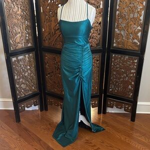Sparkly strappy Halter Gown with Ruched Detail and side split